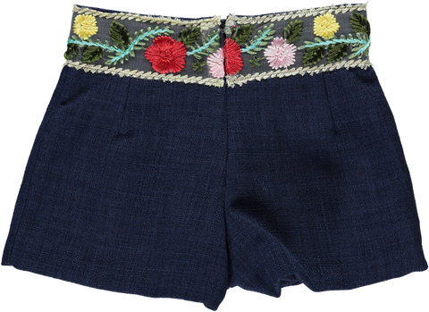 Navy blue shorts skirt with embroidered belt