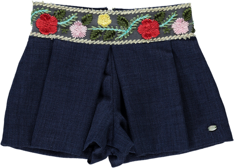 Navy blue shorts skirt with embroidered belt
