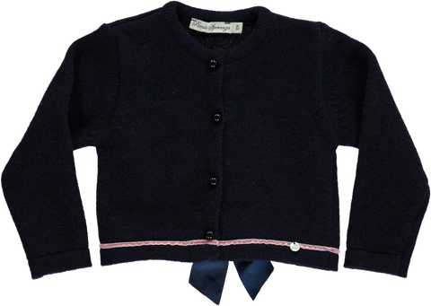Navy blue jacket with pink ribbon and blue bow on the back