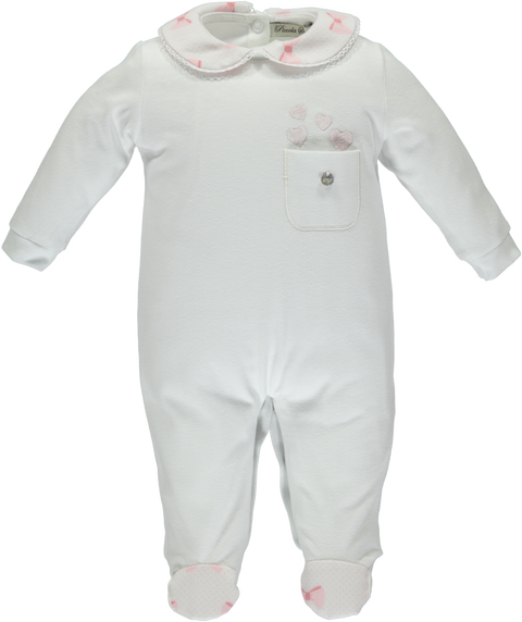 White babygrow with pocket and embroidered hearts