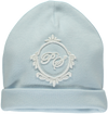 Blue baby hat with Piccola Speranza coat of arms
