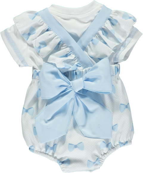 Set of white bib with blue bows and frills with frill collar sweater