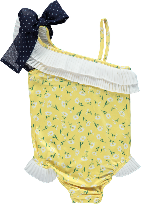 Fato de banho amarelo com margaridas e laço