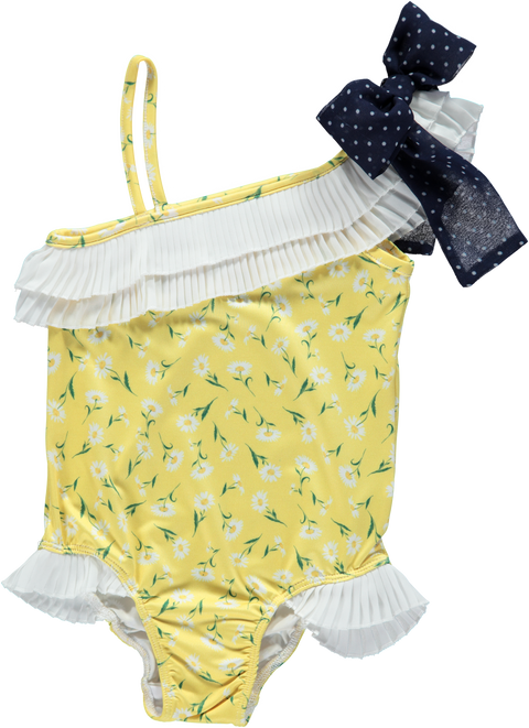 Fato de banho amarelo com margaridas e laço
