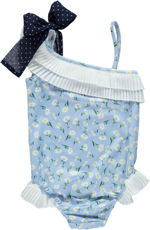 Fato de banho azul com margaridas e laço