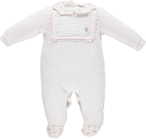 Pink babygrow with floral collar and ribbed chest