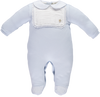 Blue babygrow with checkered collar and ribbed chest