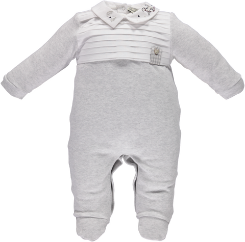 Gray babygrow with ribbed chest and embroidered collar
