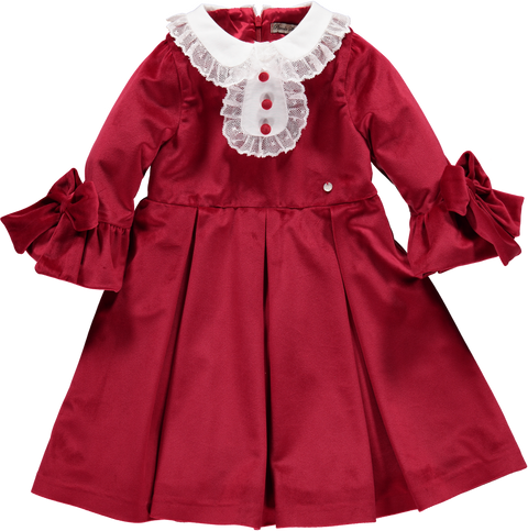 Red velvet dress with lace collar and placket