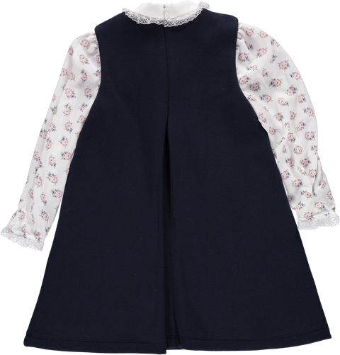 Navy blue dress with flowers and printed sleeves