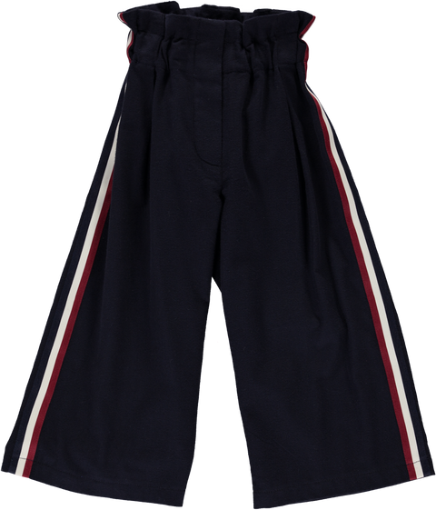 Wide navy blue pants with striped tape on the sides