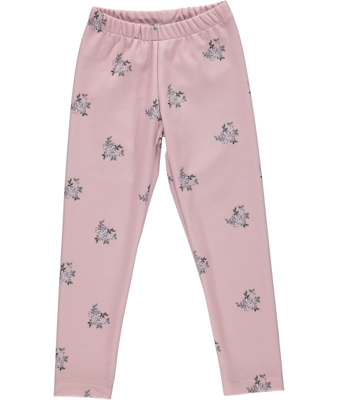 Calças leggings rosa com raminhos de flores