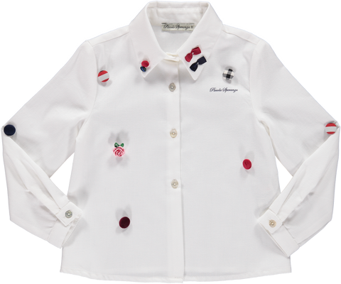 Pearl shirt with application of buttons and bows