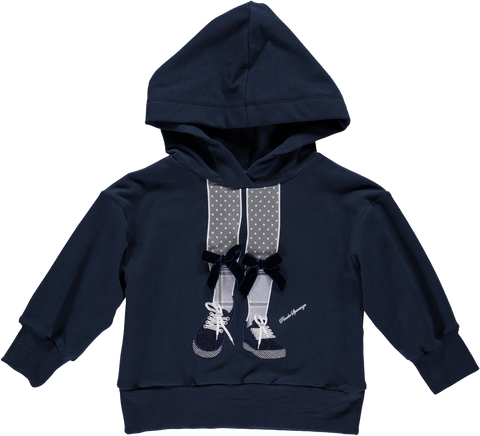 Navy blue hooded sweatshirt with embroidered sneakers