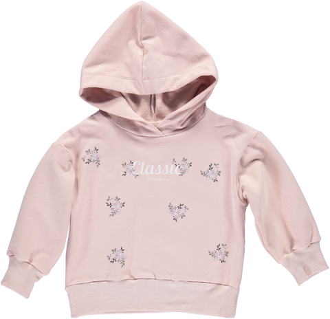 Pink sweatshirt with hood and sprigs of flowers