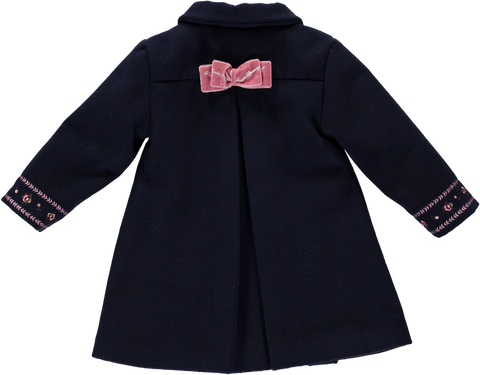 Navy blue coat with bows and embroidered cuffs