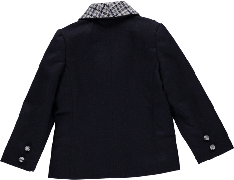 Navy blue blazer with plaid collar and details