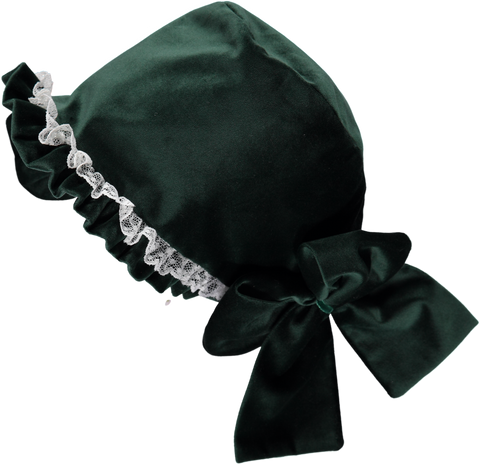 Green velvet cap with puffy lace and bow