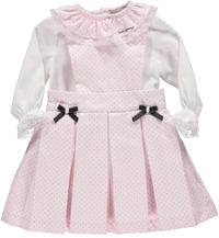 Conjunto de saia jardineira rosa padrão às bolinhas