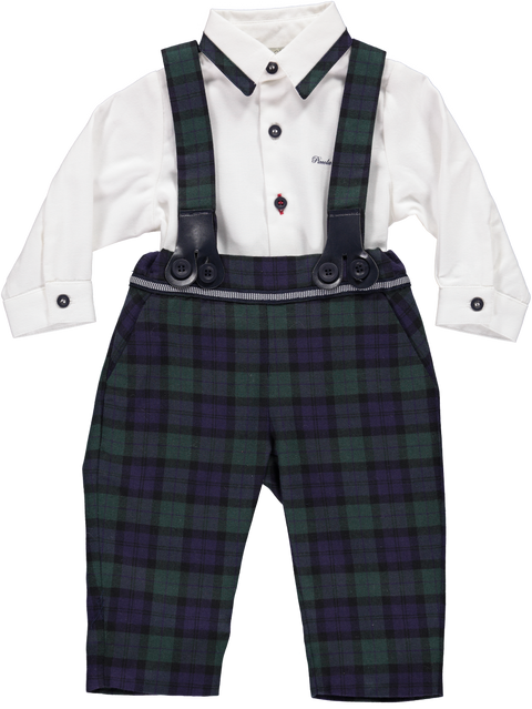 Navy and green checkered pants set with suspenders and white shirt