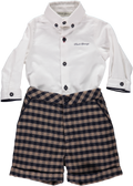 Conjunto de camisa branca com calções xadrez castanho