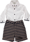Conjunto de camisa branca com calções xadrez castanho