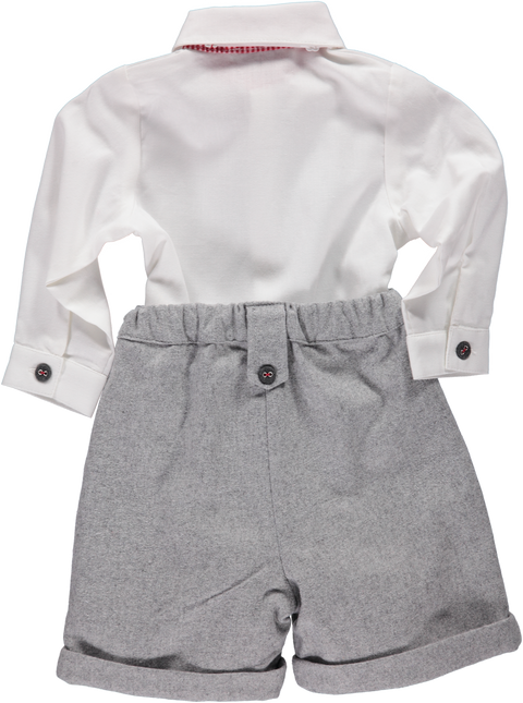 White shirt set with papillon and gray shorts