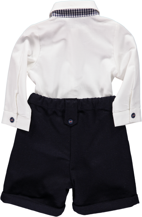 White shirt set with papillon and navy shorts