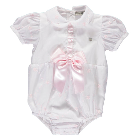 Girl's white bodysuit with pink floral embroidery and lace