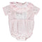 Pink bodysuit for baby girl with floral embroidery and lace