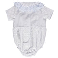 Blue bodysuit for baby girl with floral embroidery and lace