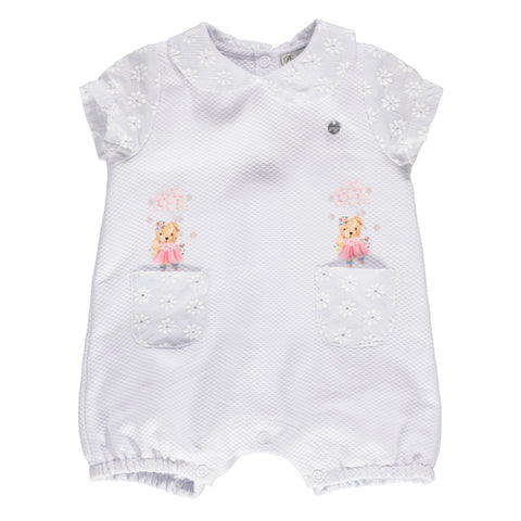 Body de menina branco com bordado floral azul e ursinhos