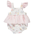 Body de menina branco com padão de bebé colorido, laços e folhos rosa