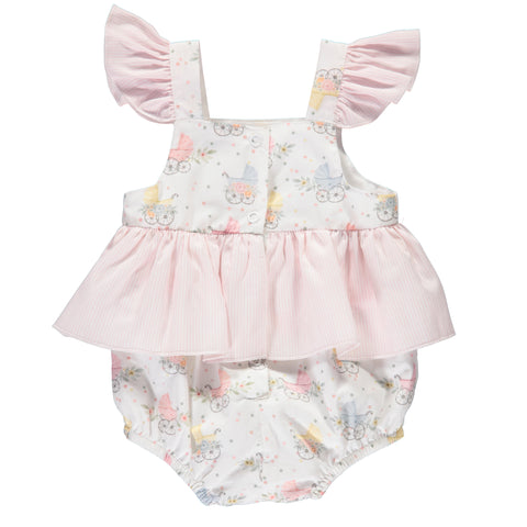 Girls' white bodysuit with colorful baby print, pink bows and ruffles