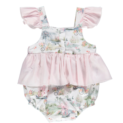 Baby girl bodysuit with pattern, ruffles and pink bows