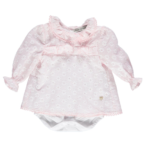 Body para menina bebé de malha com túnica em tecido rosa com bordado