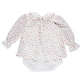 Knit baby girl bodysuit with fabric tunic with red floral pattern
