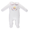 White babygrow with colorful baby pattern print
