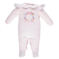 Pink babygrow with ruffled shoulders and floral print