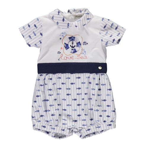 Blue and white baby boy bodysuit with fish pattern