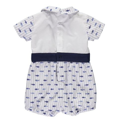 Blue and white baby boy bodysuit with fish pattern