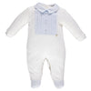 Organic white babygrow with breast and shirt-style blue collar