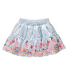 Blue skirt with pattern of colorful cupcakes