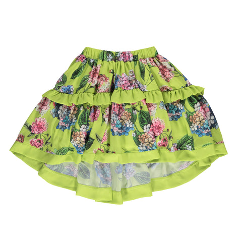 High and low green skirt with floral pattern and ruffles