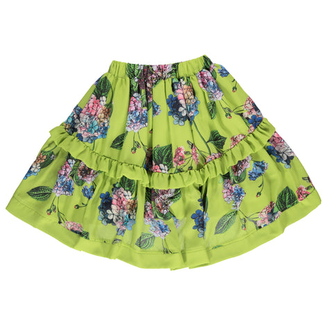 High and low green skirt with floral pattern and ruffles