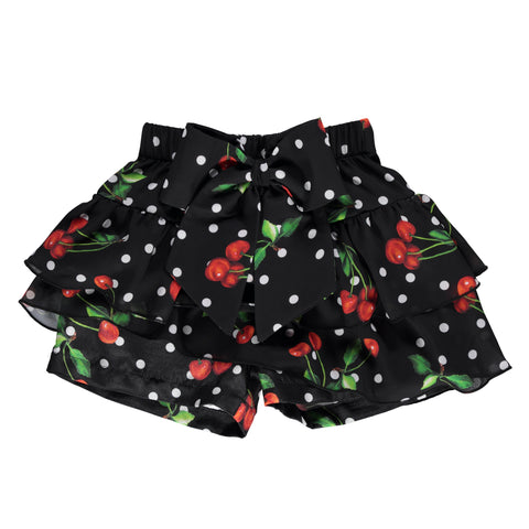 Black short skirt with cherries and bow pattern