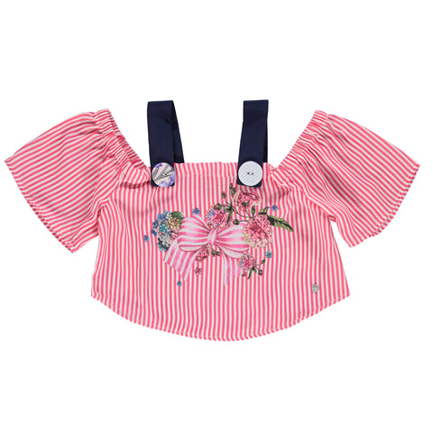 Pink striped blouse with floral print