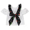 White top with ruffles and patterned black bow