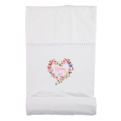 Manta de menina bebé branca com estampado de coração floral