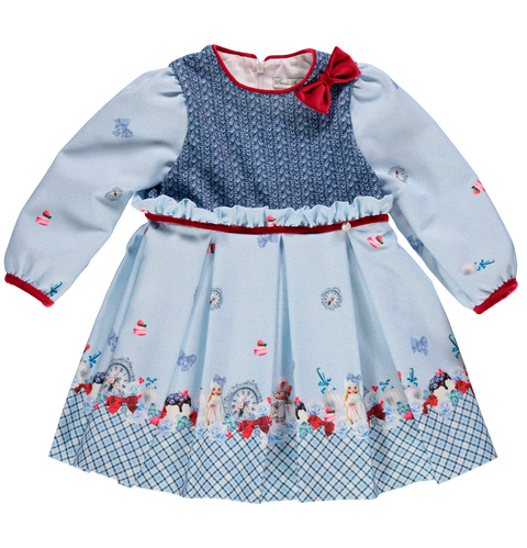 Blue dress with dolls and flowers print